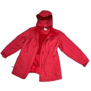 LL Bean Barn Coat Womens M Red Hooded Utility Chore Jacket Country Cottagecore